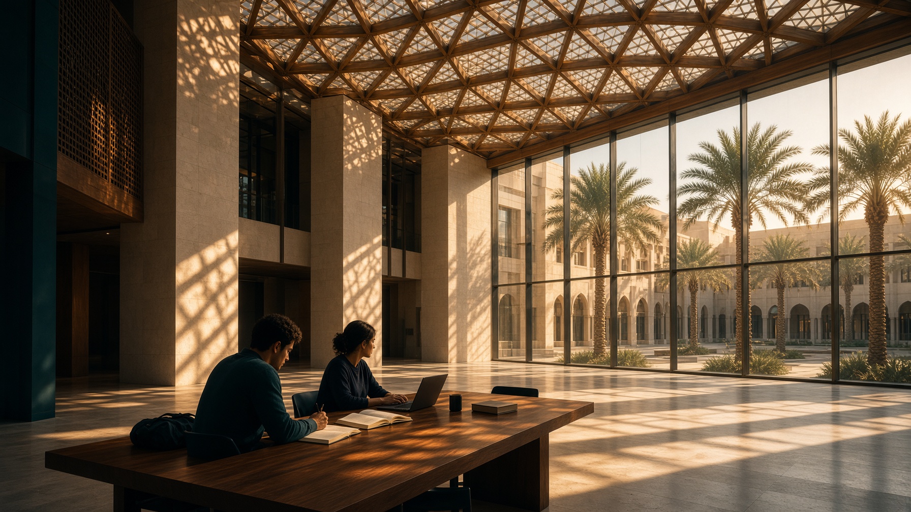 Students studying in a sunlit UAE university atrium